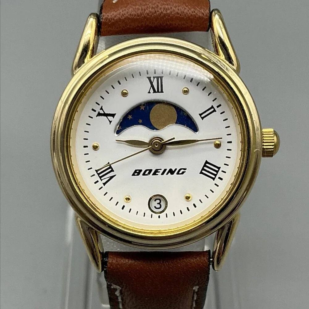 Boeing Womens Watch 25mm Day Night Moon Phase Gold Tone Leather Date New Battery